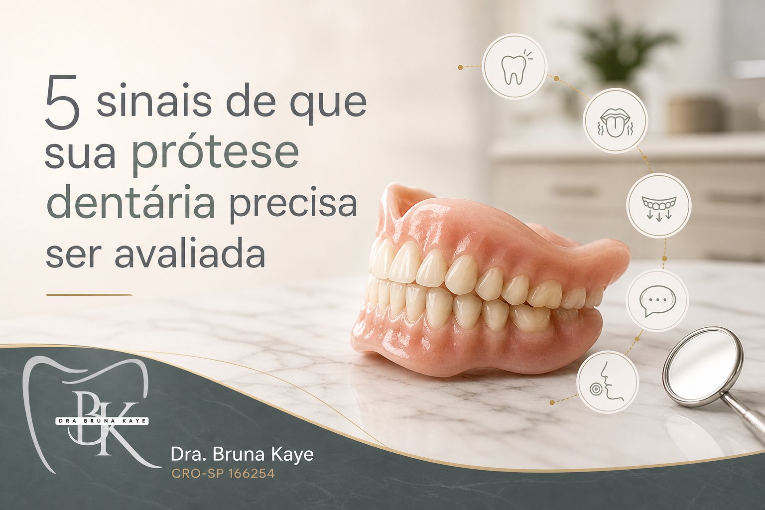 Prótese dentária total sobre bancada clara, em close.