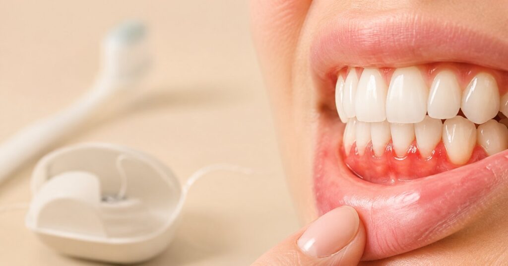 Close de gengiva avermelhada durante o uso de fio dental.