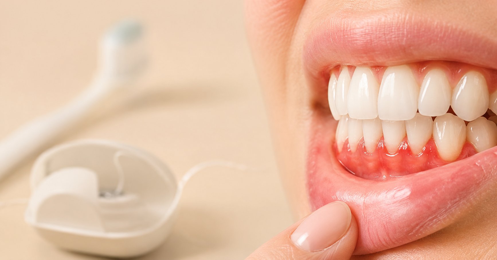 Close de gengiva avermelhada durante o uso de fio dental.